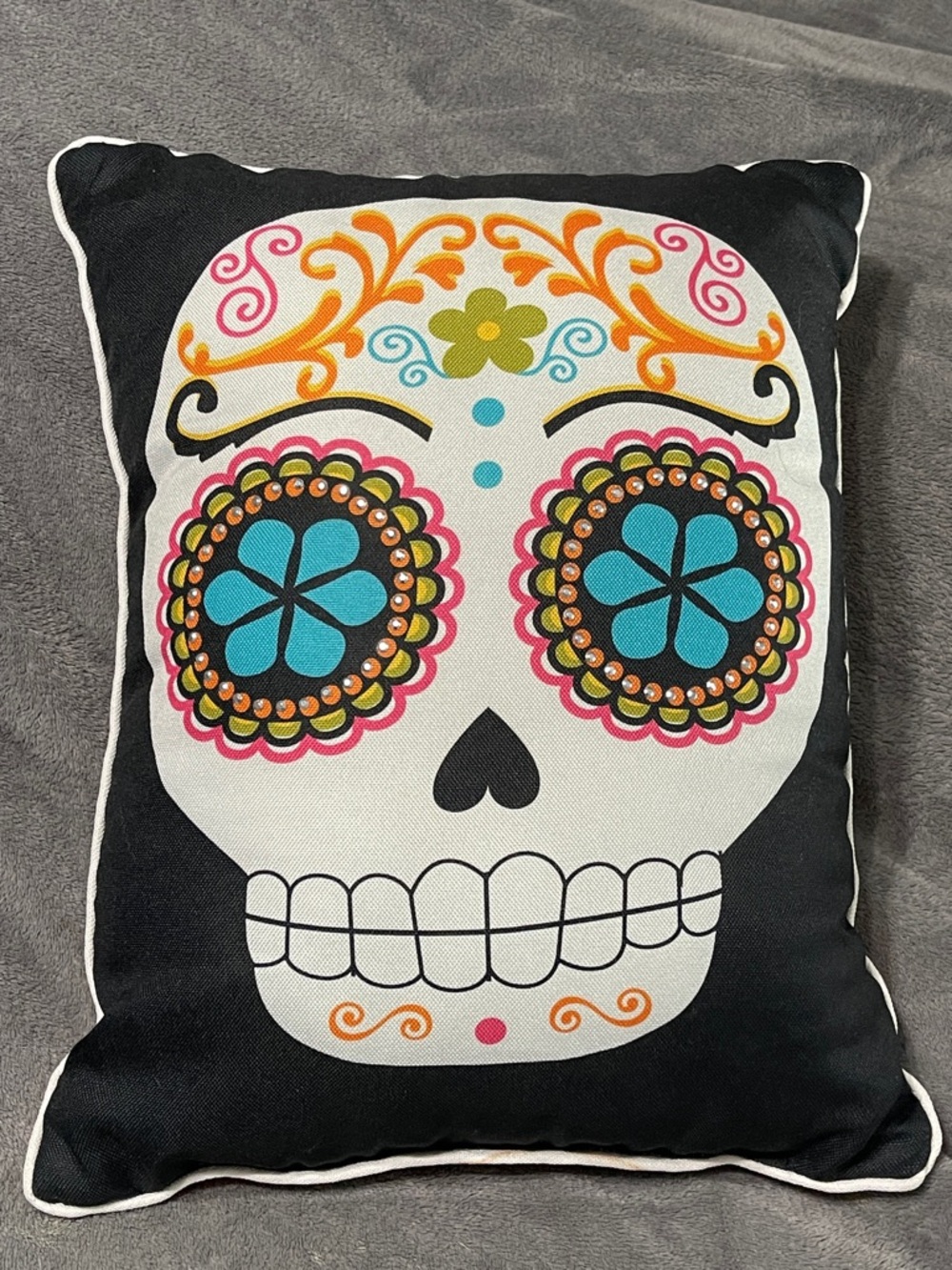 Kirklands Decorative Sugar Skull Throw Pillow - Black with Chevron Accents